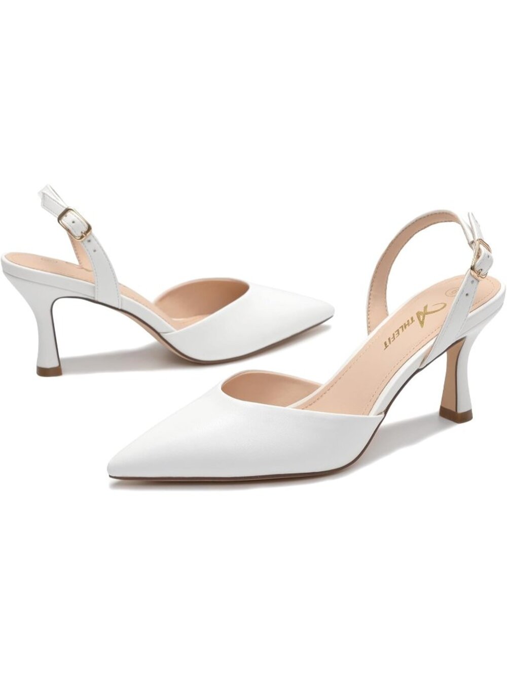 〽️Women's White Closed Pointed Toe Kitten Heels Slingback Stiletto Pumps Shoes